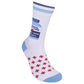 Mellow Monkey crew socks in white with red cross patterns, blue accents, and a medicine bottle graphic with text.