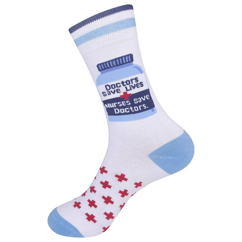 Mellow Monkey crew socks featuring a medicine bottle graphic and the text Doctors Save Lives, Nurses Save Doctors.