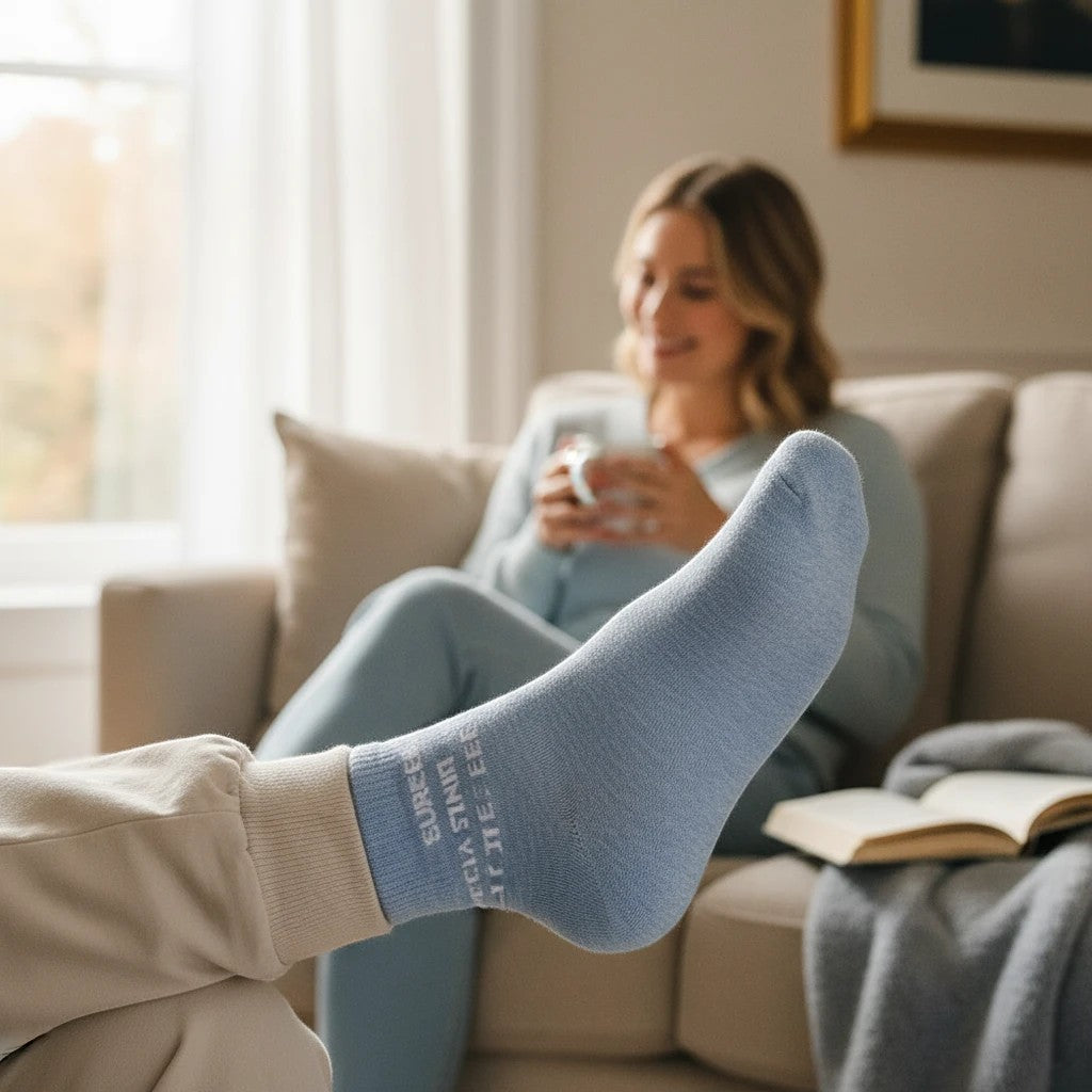 Mellow Monkey light blue novelty socks with nurse humor text, worn by a person relaxing on a sofa at home.