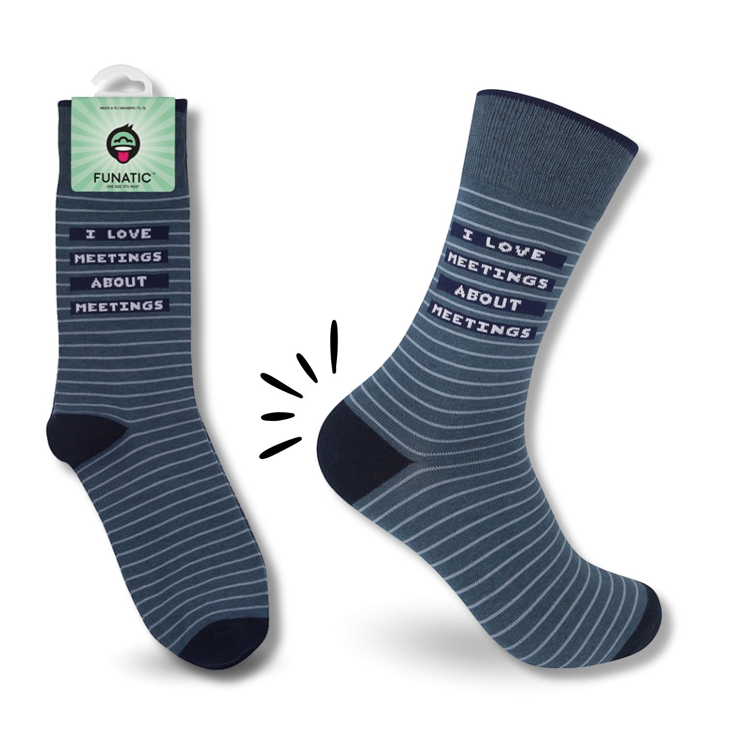 Mellow Monkey Funatic gray-blue crew socks with white stripes and I Love Meetings About Meetings text for coworkers