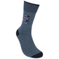 Mellow Monkey gray-blue crew socks with white stripes and the text I Love Meetings About Meetings in navy