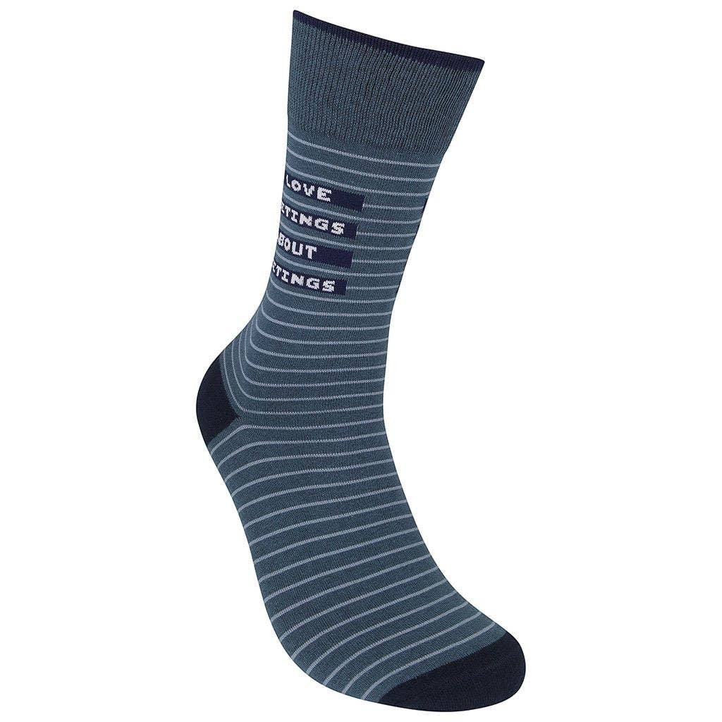 Mellow Monkey gray-blue crew socks with white stripes and the text I Love Meetings About Meetings in navy