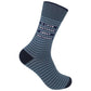 Mellow Monkey gray-blue crew socks with white stripes and the text I Love Meetings About Meetings in navy accents.