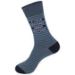 Mellow Monkey gray-blue crew socks with white stripes and the text I Love Meetings About Meetings in navy blocks.