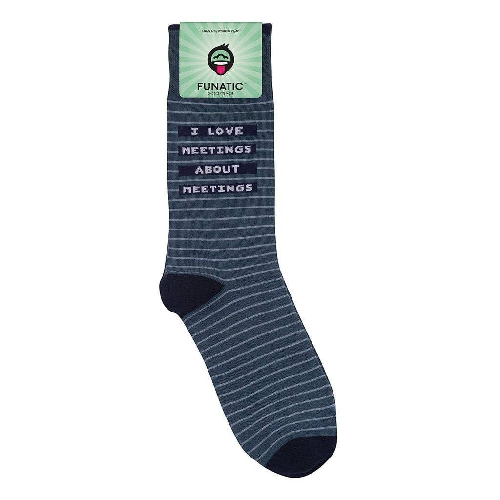 Mellow Monkey Funatic gray-blue crew socks with white stripes and the text I Love Meetings About Meetings
