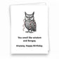 Mellow Monkey funny birthday card featuring a grumpy owl illustration with pink streamers and humorous text