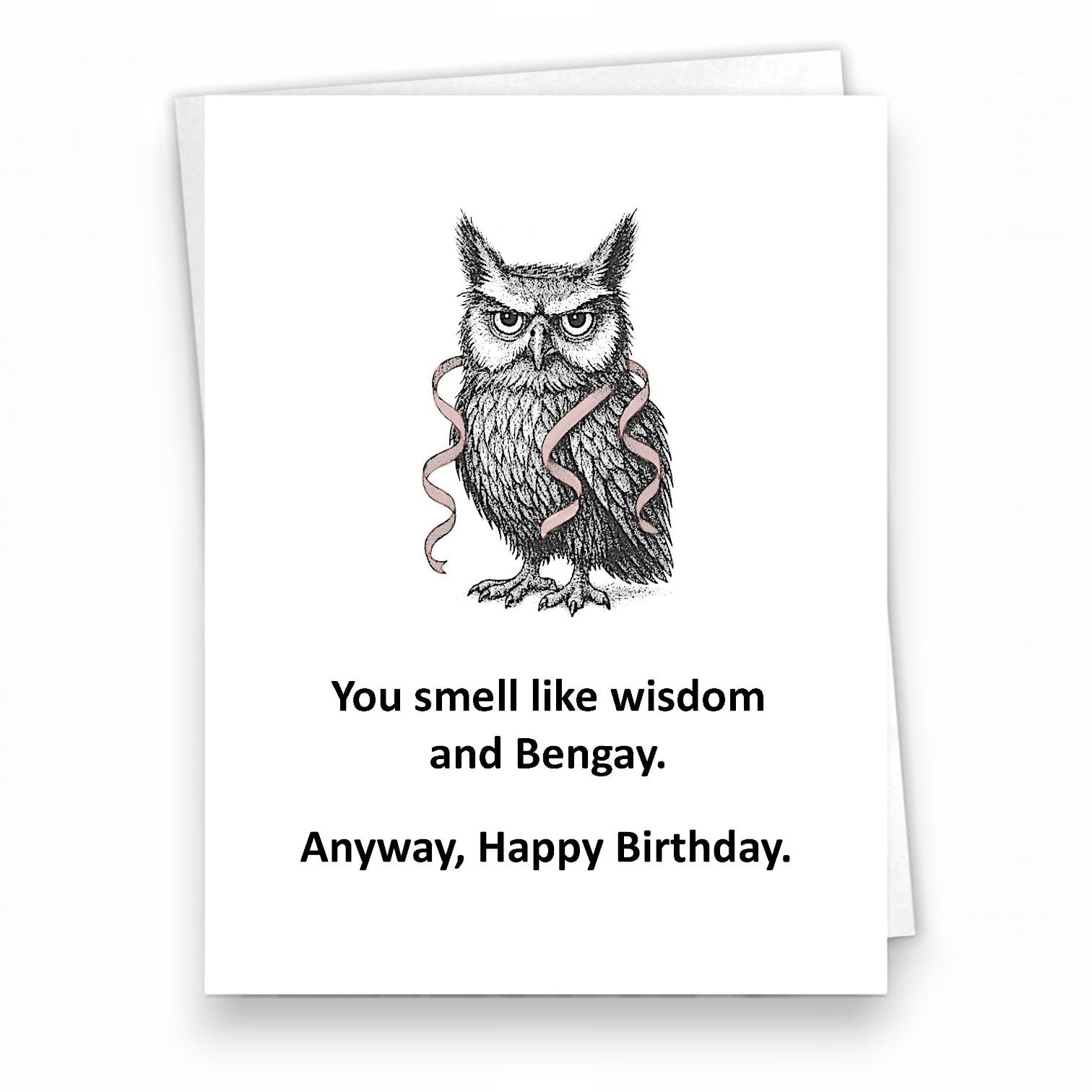 Mellow Monkey funny birthday card featuring a grumpy owl illustration with pink streamers and humorous text