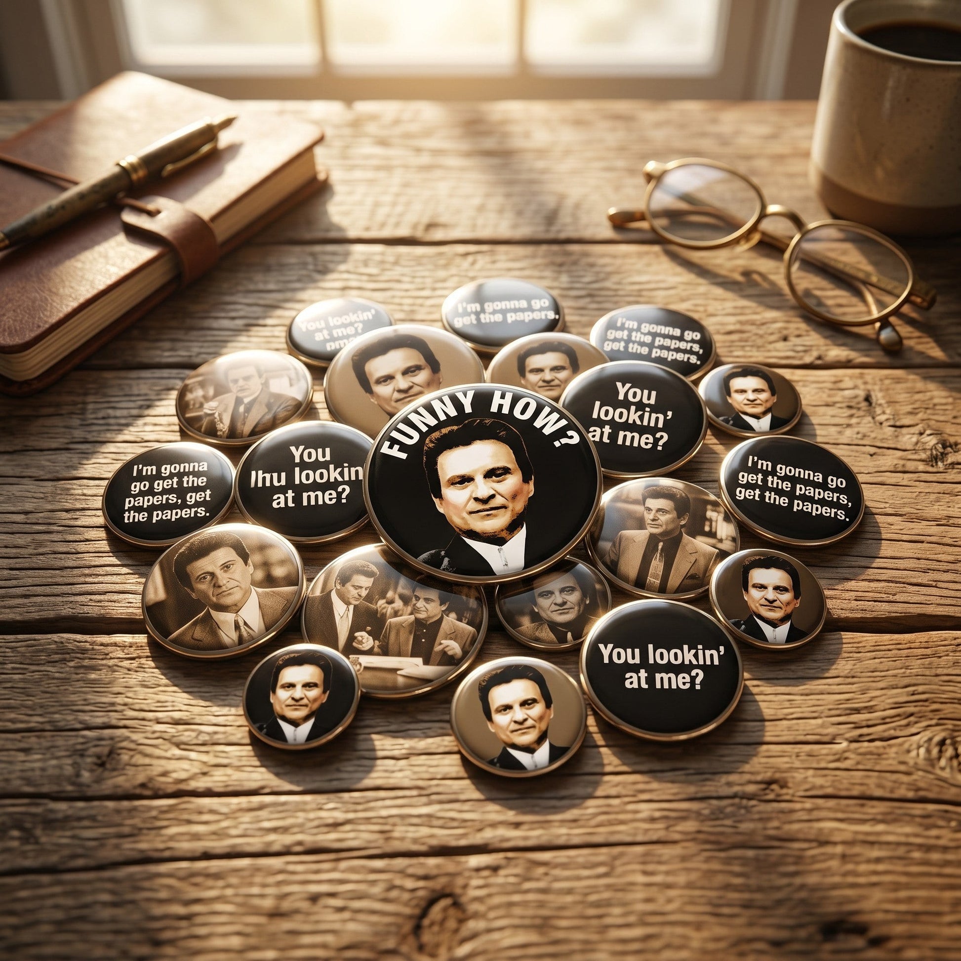 Mellow Monkey 1.25-inch round pin-back buttons with glossy mylar finish featuring funny movie parody quotes.