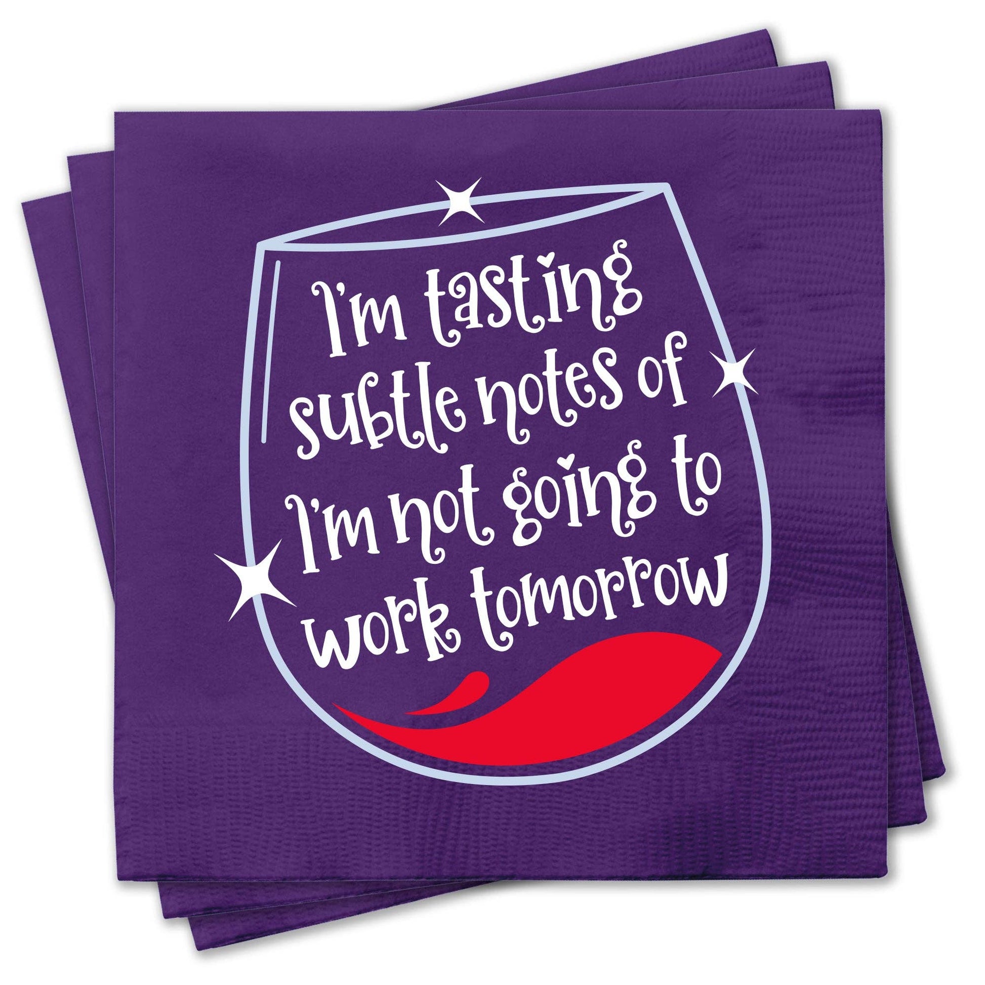 Mellow Monkey purple 3-ply paper cocktail napkins with funny wine glass graphic and text about not working tomorrow