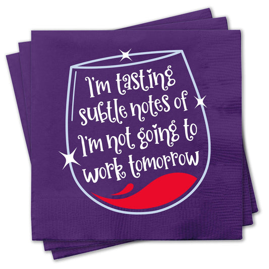 Mellow Monkey purple 3-ply paper cocktail napkins with funny wine glass graphic and text about not working tomorrow