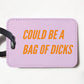 Mellow Monkey funny light purple faux leather luggage tag with orange Could Be a Bag of Dicks text and black strap