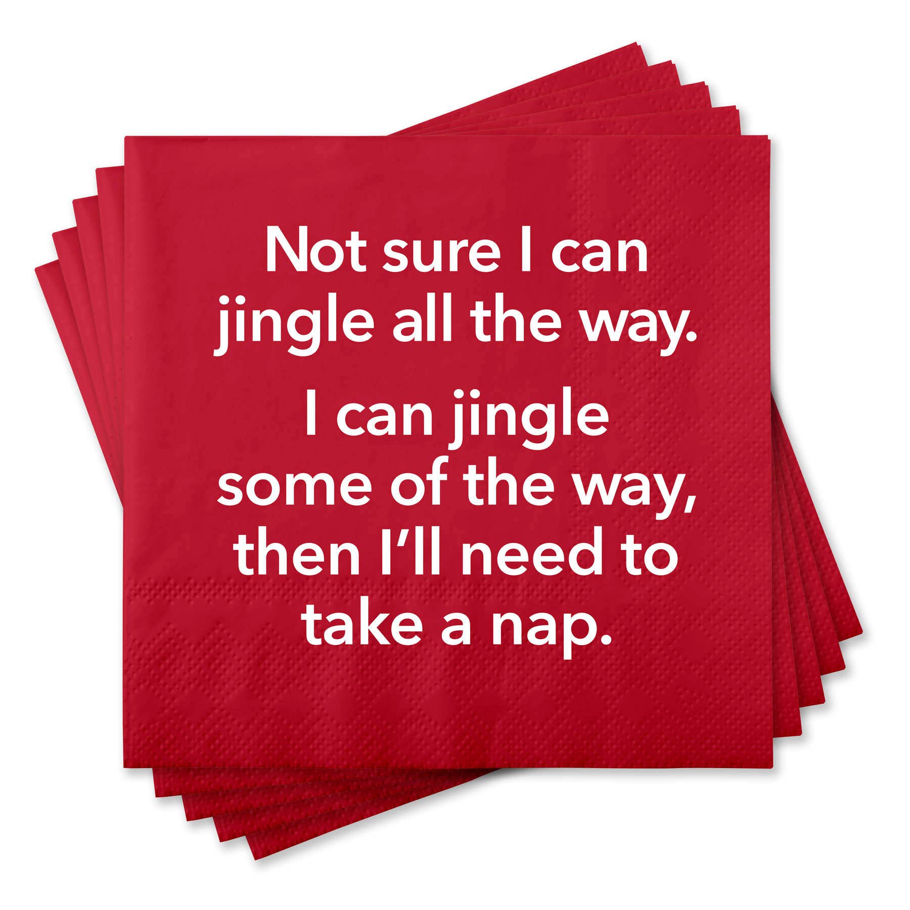 Mellow Monkey red paper cocktail napkins with funny white holiday text about needing a nap during the festivities.