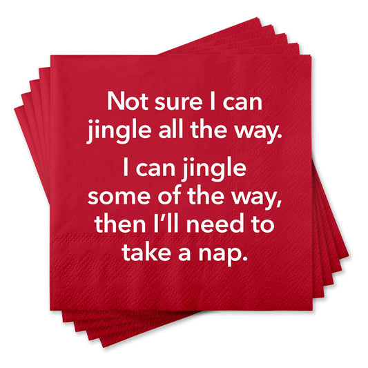 Mellow Monkey red paper cocktail napkins with funny white holiday text about needing a nap during the festivities.