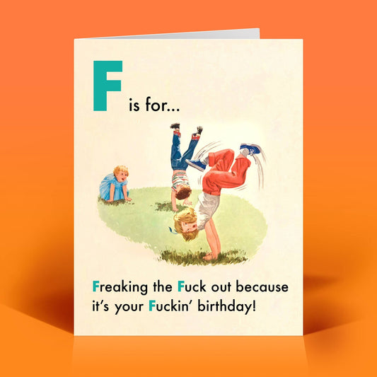 Mellow Monkey funny birthday card with retro illustration of children playing and sassy, irreverent text.