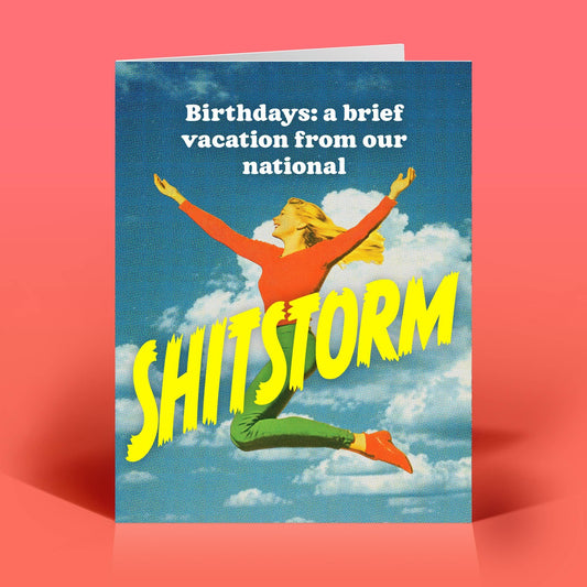 Mellow Monkey funny retro birthday card featuring a jumping woman against a blue sky with bold yellow text.