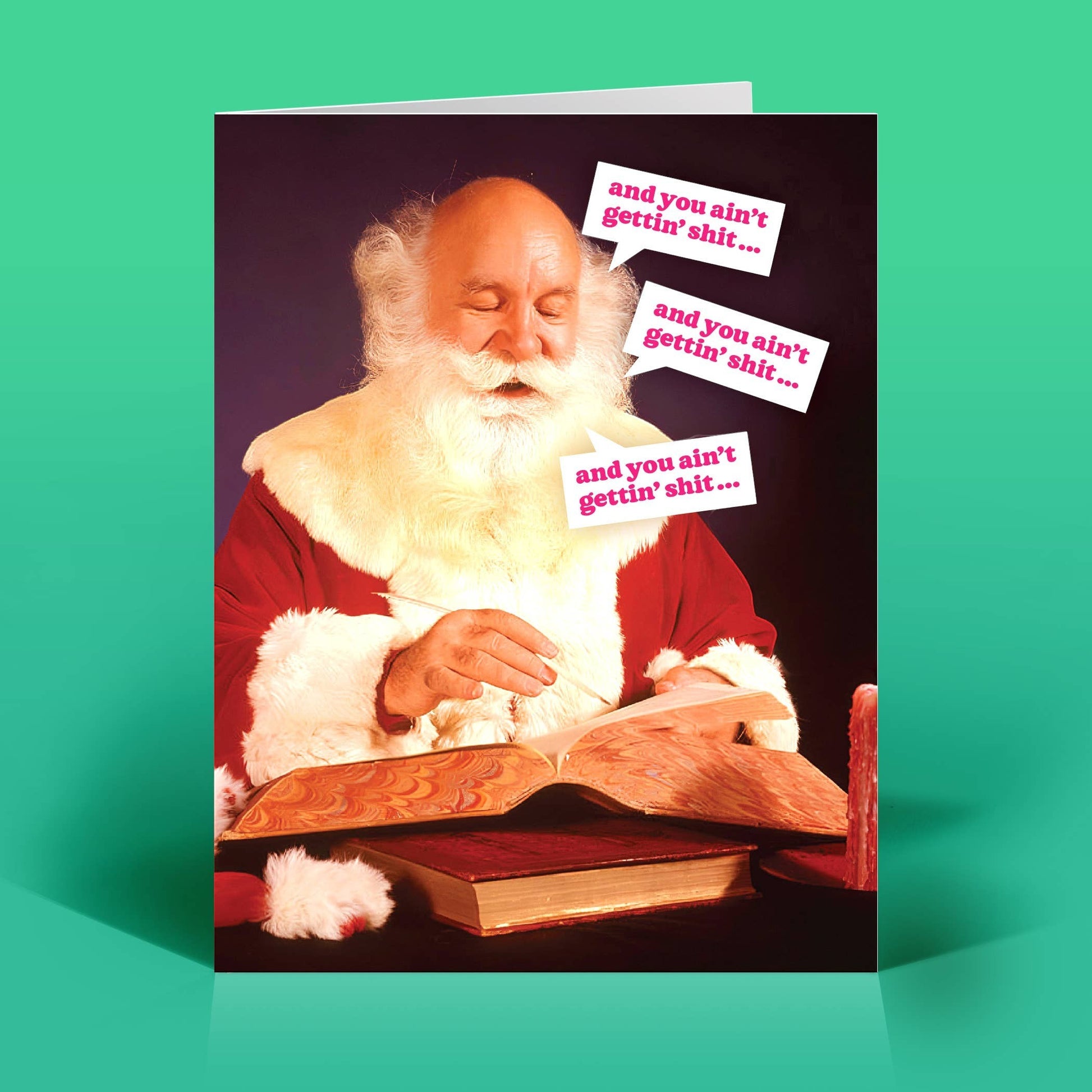 Mellow Monkey funny vintage-style Christmas card featuring Santa Claus writing in a book with irreverent text bubbles.
