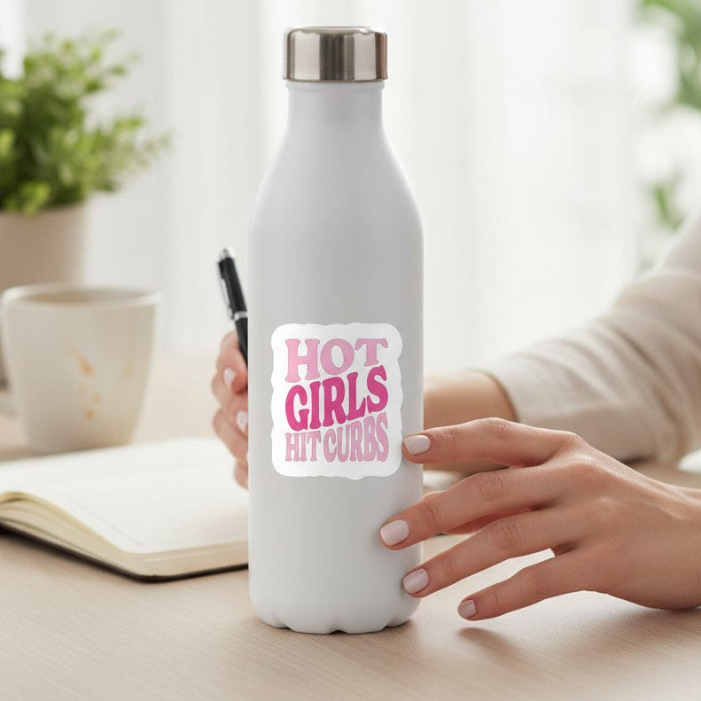 Mellow Monkey Hot Girls Hit Curbs funny matte sticker on a white water bottle held by a person at a desk