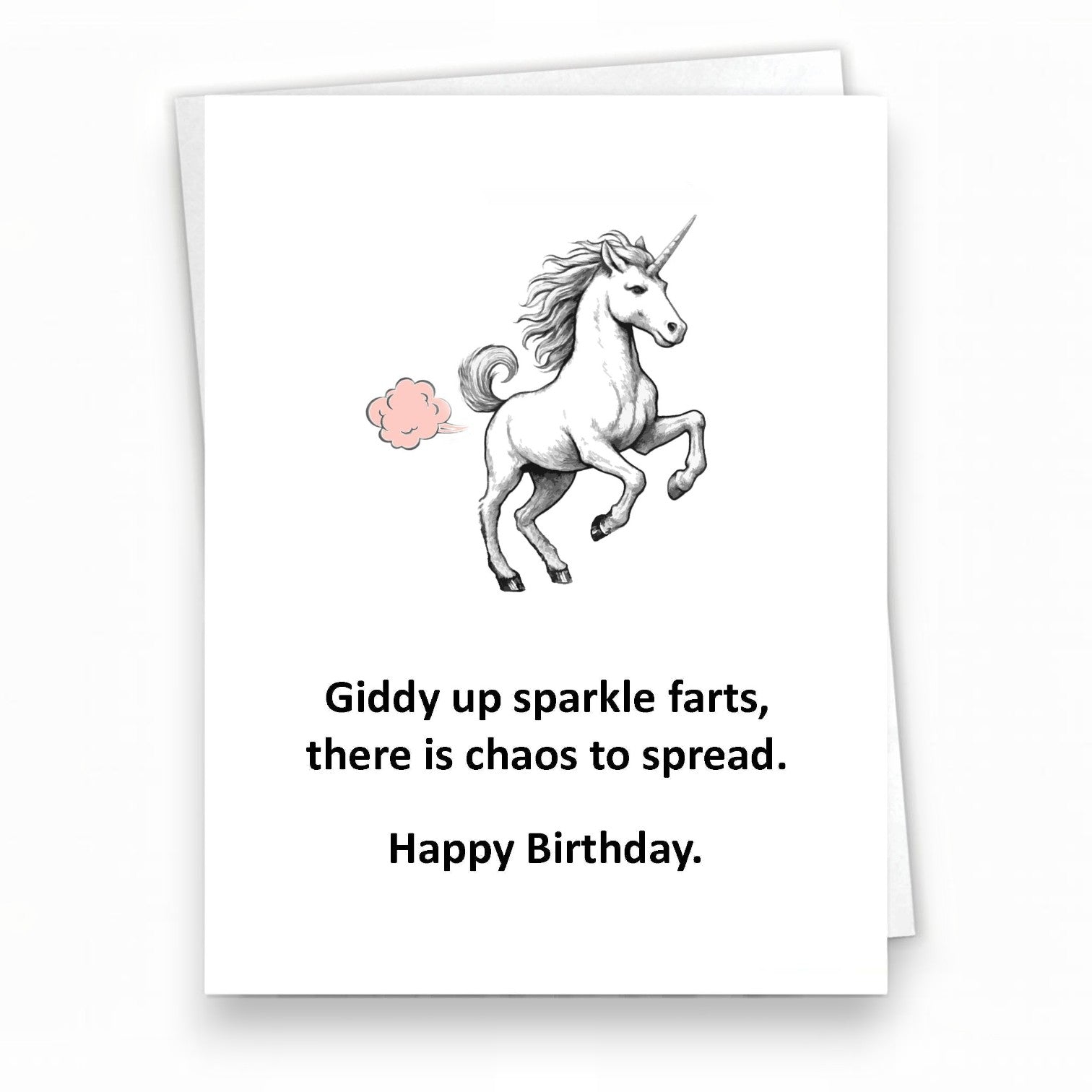 Mellow Monkey funny birthday card featuring a sketch of a unicorn with a pink sparkle cloud and humorous text