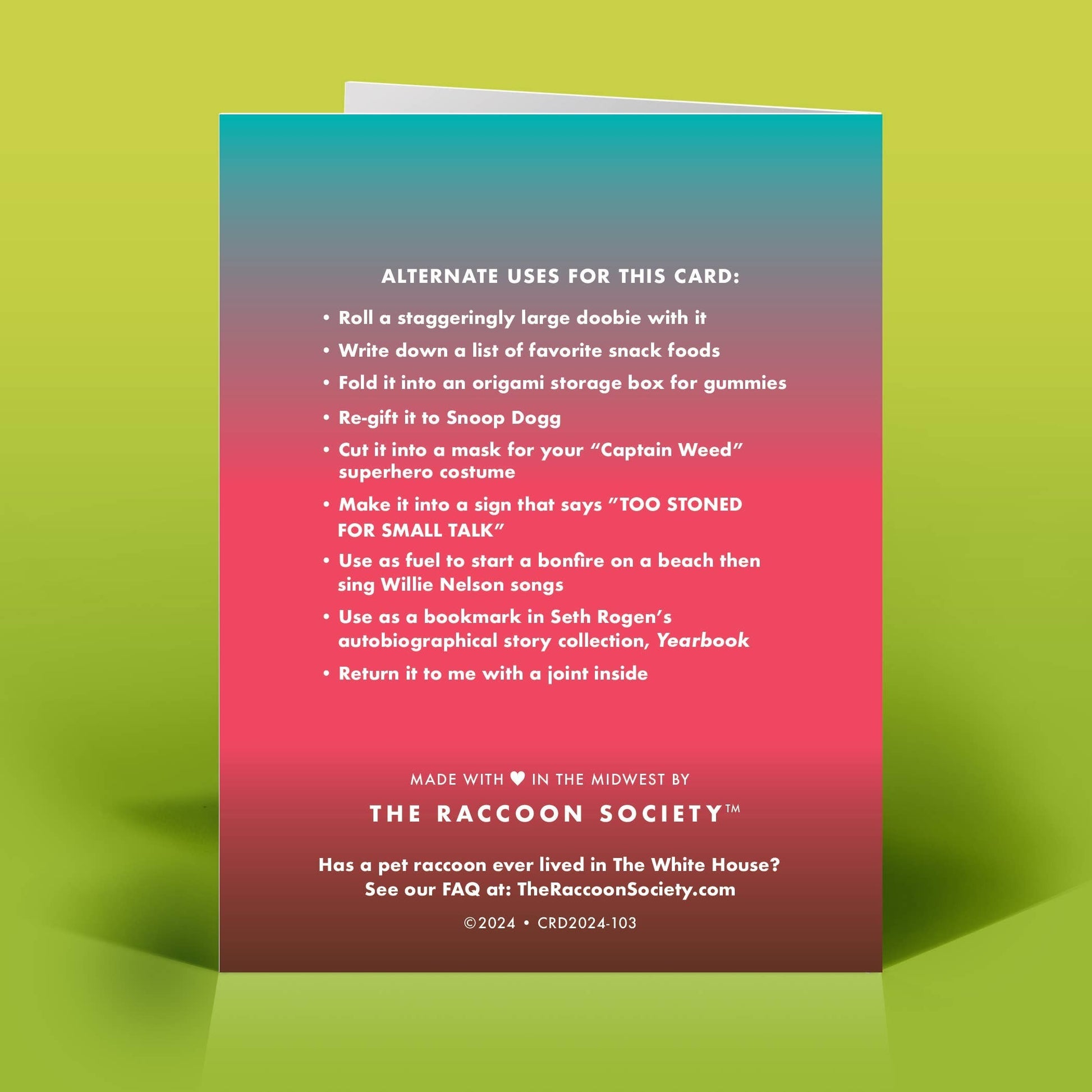 Mellow Monkey funny birthday card with a colorful gradient background and humorous text about weed-themed uses.
