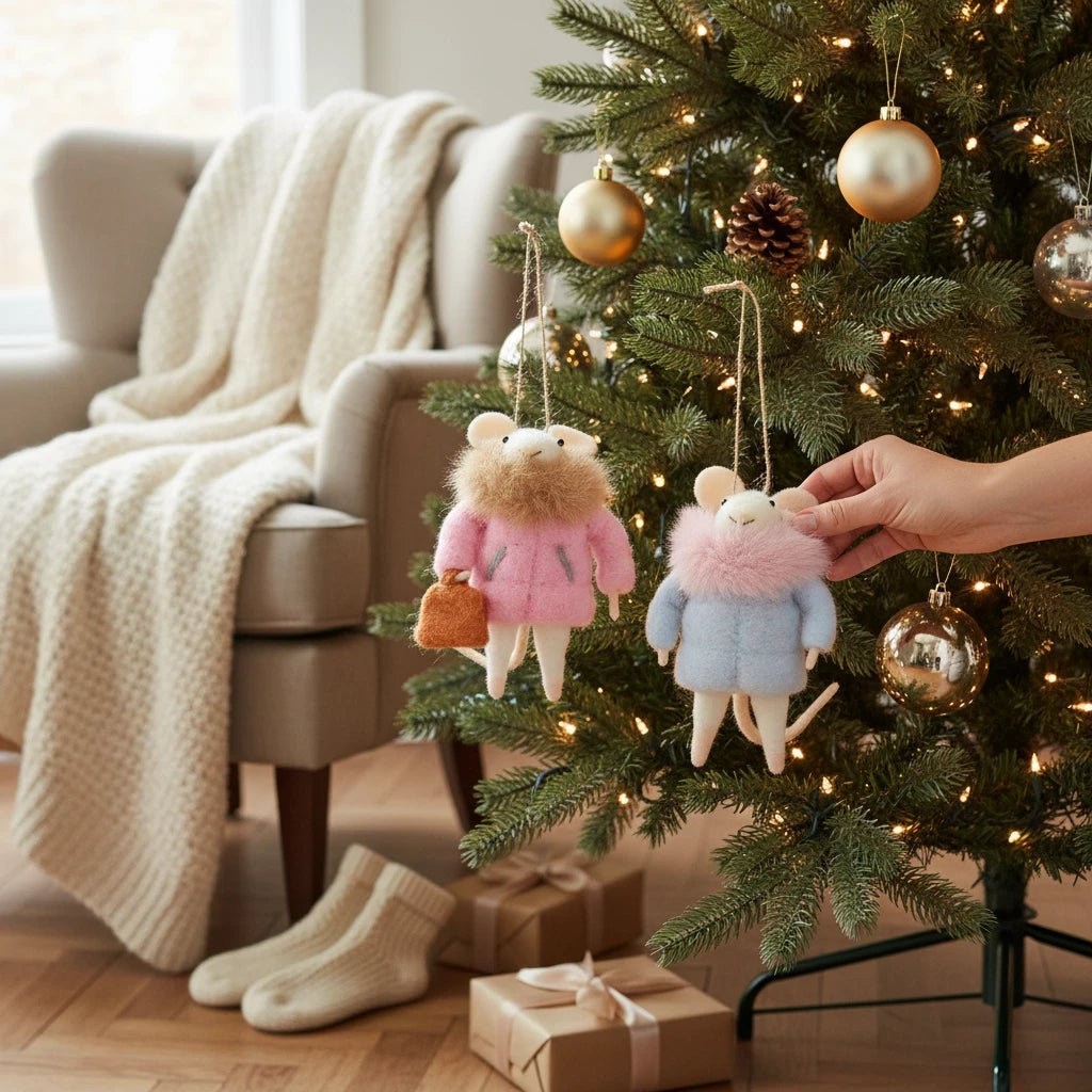 Mellow Monkey fur coat mice ornaments in pink and blue hanging on a decorated Christmas tree