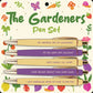 Mellow Monkey Gardening Pen Set with 5 pens featuring gardening quotes in yellow and purple.