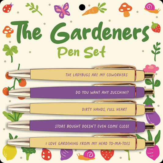 Mellow Monkey Gardening Pen Set with 5 pens featuring gardening quotes in yellow and purple.