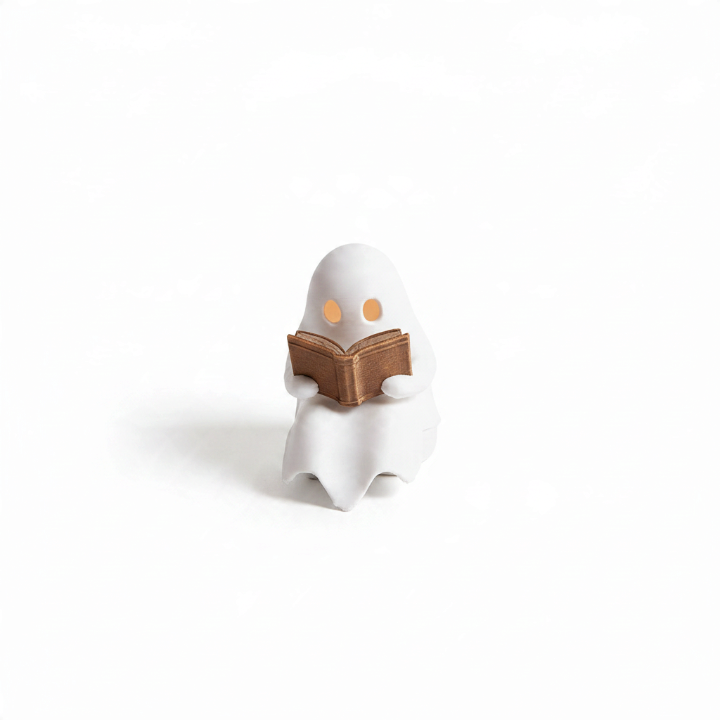 Mellow Monkey white ghost figurine reading a brown book with an illuminated LED tealight candle inside