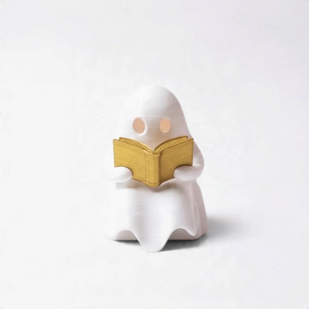 Mellow Monkey white ghost figurine reading a gold book with an LED tealight candle for whimsical bookshelf decor.