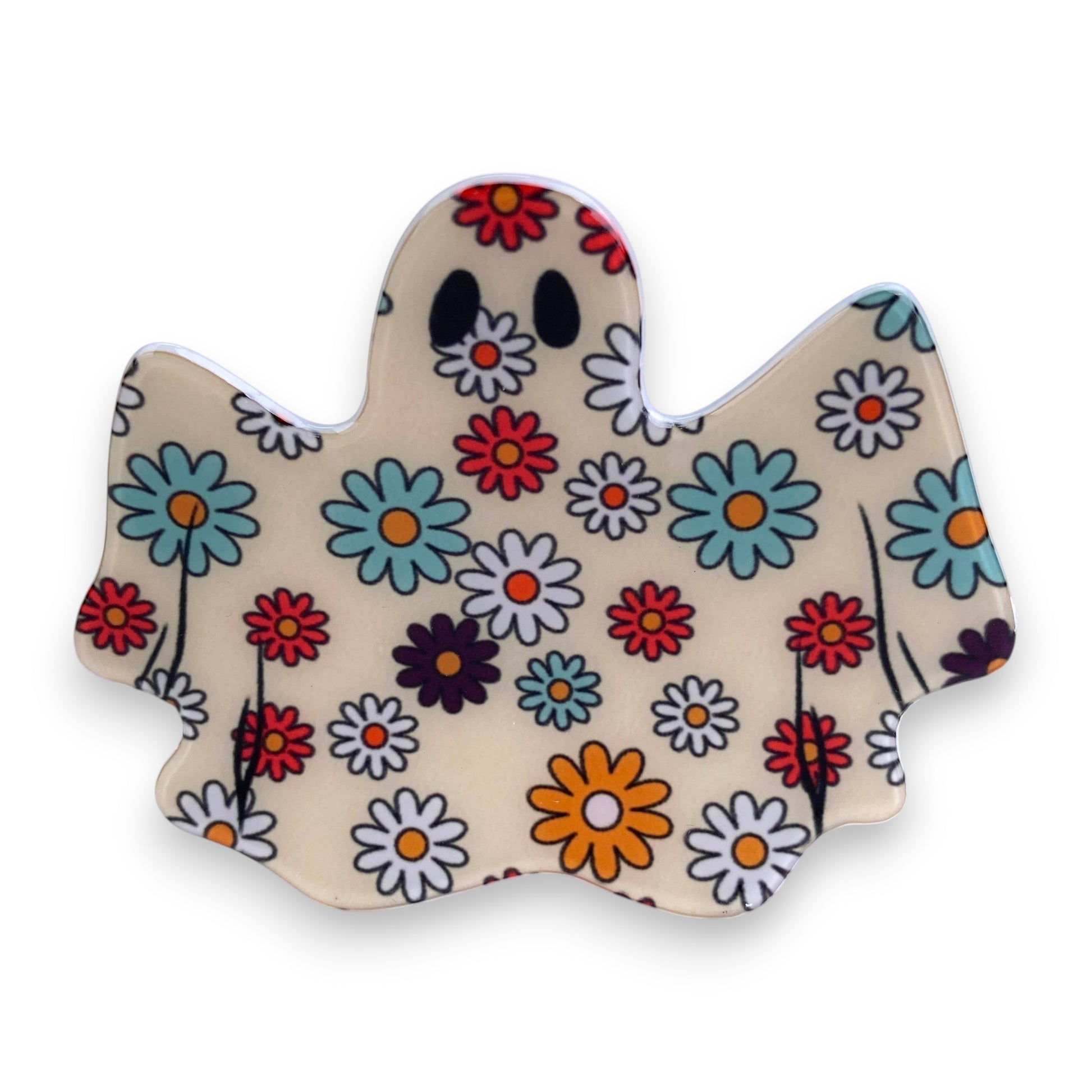 Mellow Monkey handmade PVC ghost hair claw clip featuring a whimsical white ghost pattern with colorful floral accents.