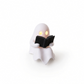 Mellow Monkey white ghost figurine reading a black book with a glowing LED tealight candle inside