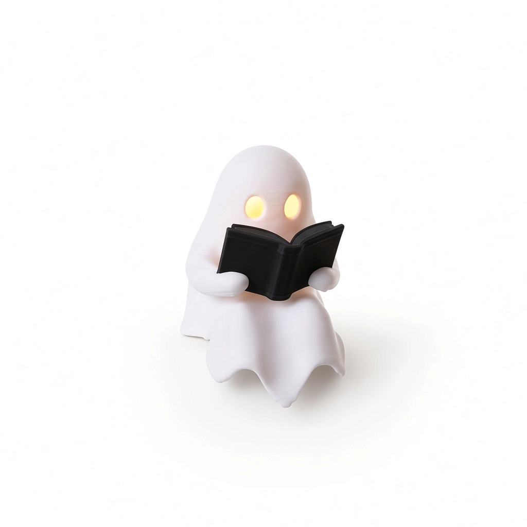 Mellow Monkey white ghost figurine reading a black book with a glowing LED tealight candle inside