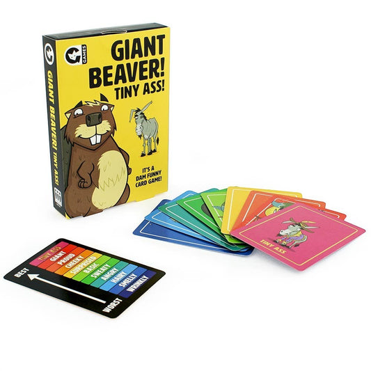 Mellow Monkey Giant Beaver! Tiny Ass! card game box with colourful playing cards and a ranking board on white background
