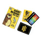 Mellow Monkey Giant Beaver! Tiny Ass! card game box and playing cards featuring cartoon animals and ranking chart.