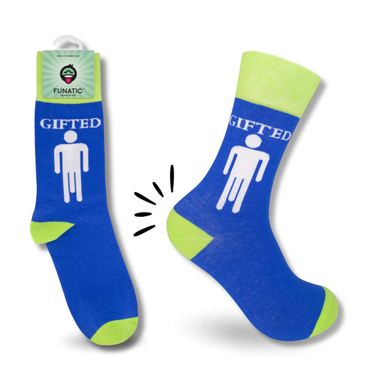 Mellow Monkey Funatic Gifted crew socks in blue with lime green accents and a humorous stick figure graphic.