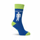 Mellow Monkey blue crew socks with lime green accents featuring a white stick figure graphic and the word GIFTED