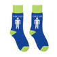 Mellow Monkey crew socks in blue and lime green with a white stick figure graphic and the word Gifted.