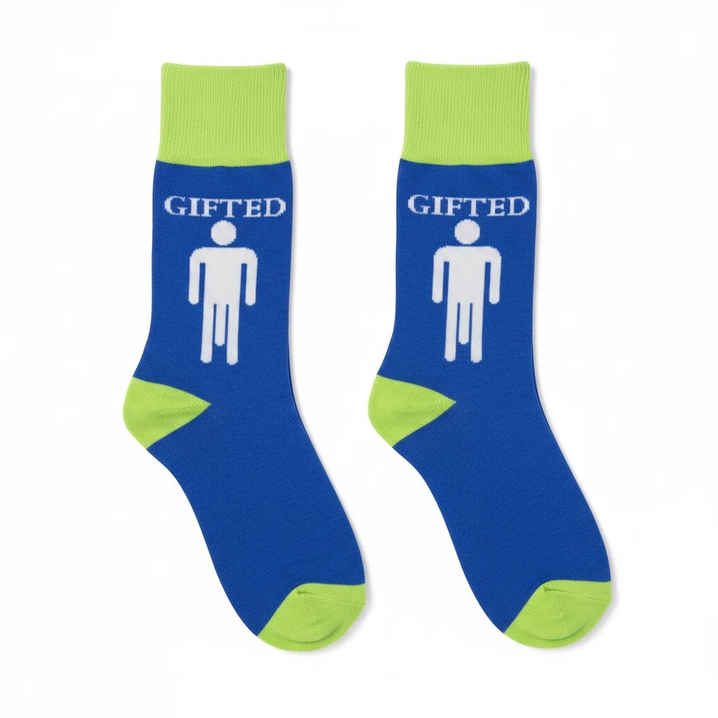 Mellow Monkey crew socks in blue and lime green with a white stick figure graphic and the word Gifted.