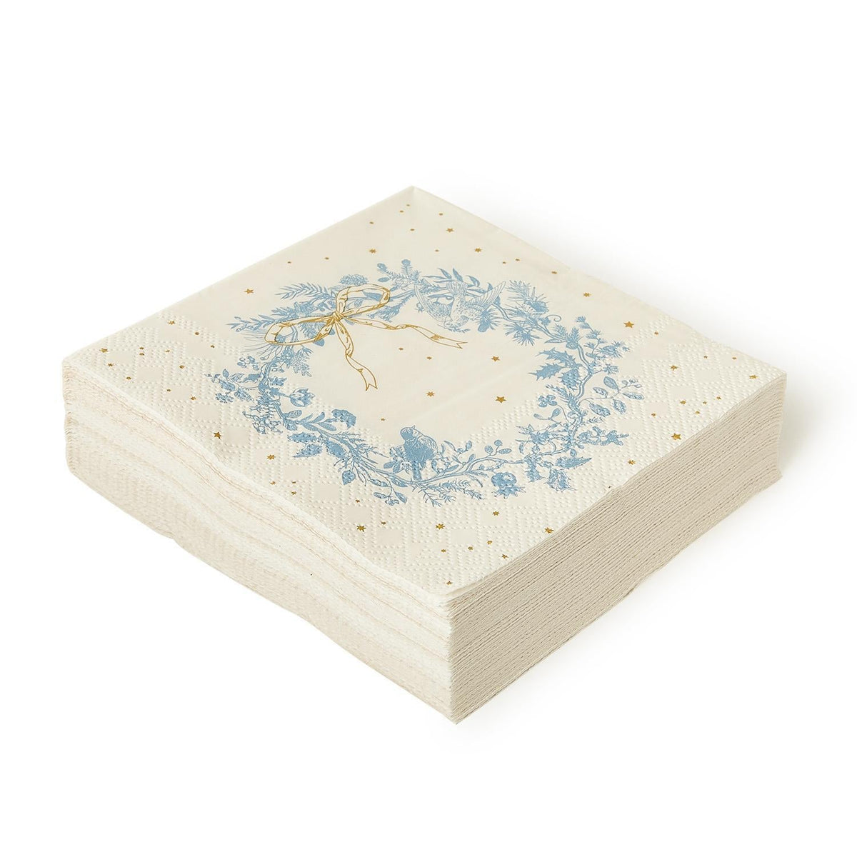 Mellow Monkey Gilded Cottage 3-ply paper cocktail napkins featuring a blue holiday wreath design on a cream background