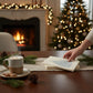 Mellow Monkey Gilded Cottage 3-ply paper dinner napkins with a blue holiday tree design on a festive dining table.