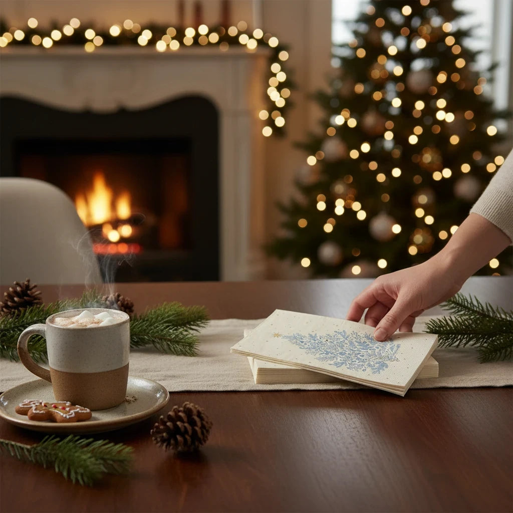 Mellow Monkey Gilded Cottage 3-ply paper dinner napkins with a blue holiday tree design on a festive dining table.