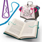 Mellow Monkey Gimble adjustable purple book holder keeping a paperback open for hands-free reading on a desk