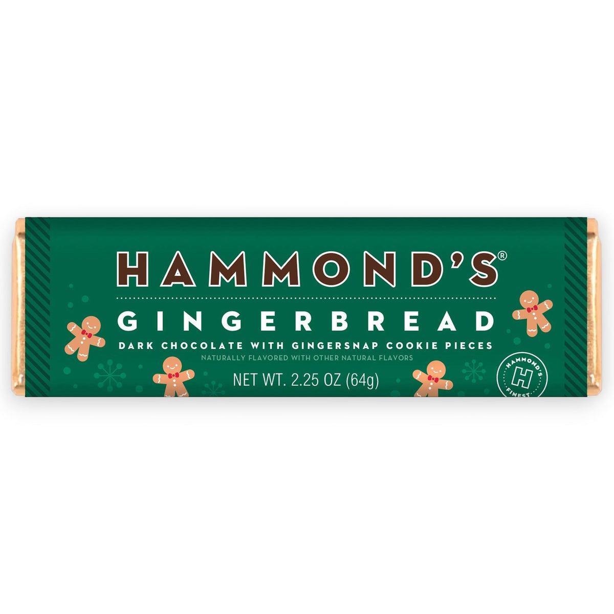 Mellow Monkey Hammond's gingerbread dark chocolate bar with gingersnap cookie pieces in festive green packaging