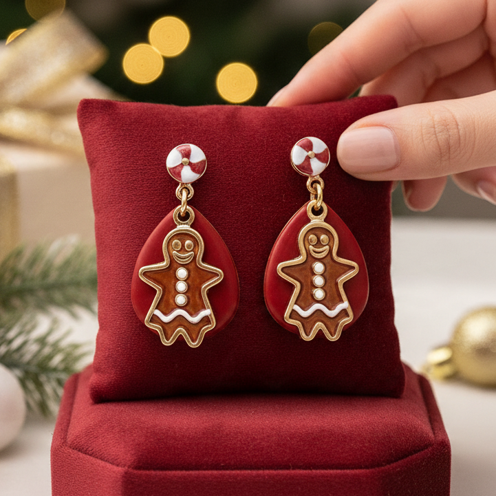 Mellow Monkey handmade gingerbread drop earrings with surgical steel wires on a red velvet display cushion.