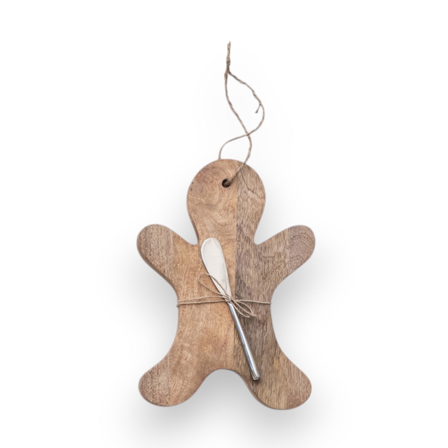 Mellow Monkey gingerbread man shaped mango wood serving board with a matching canape knife tied with jute twine.