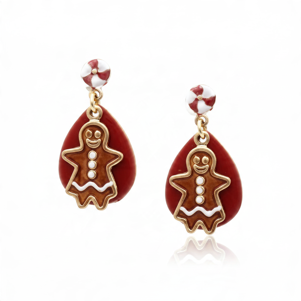 Mellow Monkey peppermint and gingerbread drop earrings with red teardrop charms and surgical steel ear wires.