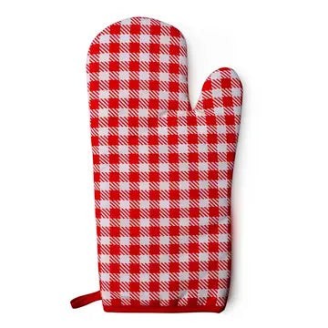 Mellow Monkey red and white gingham oven mitt with "Baking Is My Therapy" quote, heat-resistant padding and hanging loop.