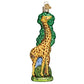 Mellow Monkey Giraffe glass holiday ornament with green foliage and brown spots, 5.5 inches tall.