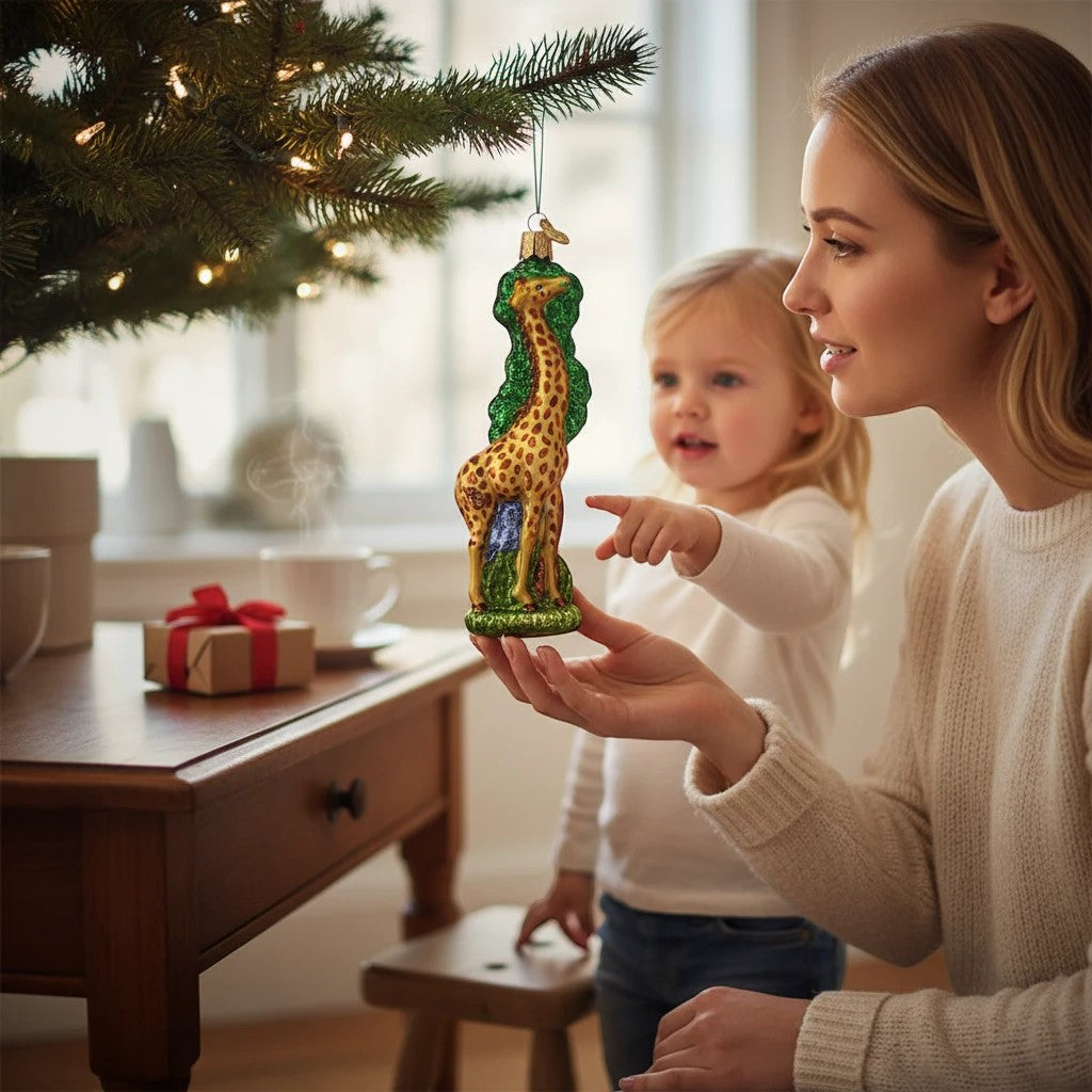 Mellow Monkey 5.5-inch blown glass giraffe ornament with green glittery foliage and a blue accent.