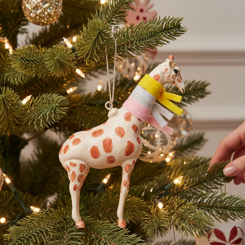 Mellow Monkey glass giraffe ornament with a multi-colored felt scarf hanging on a decorated Christmas tree