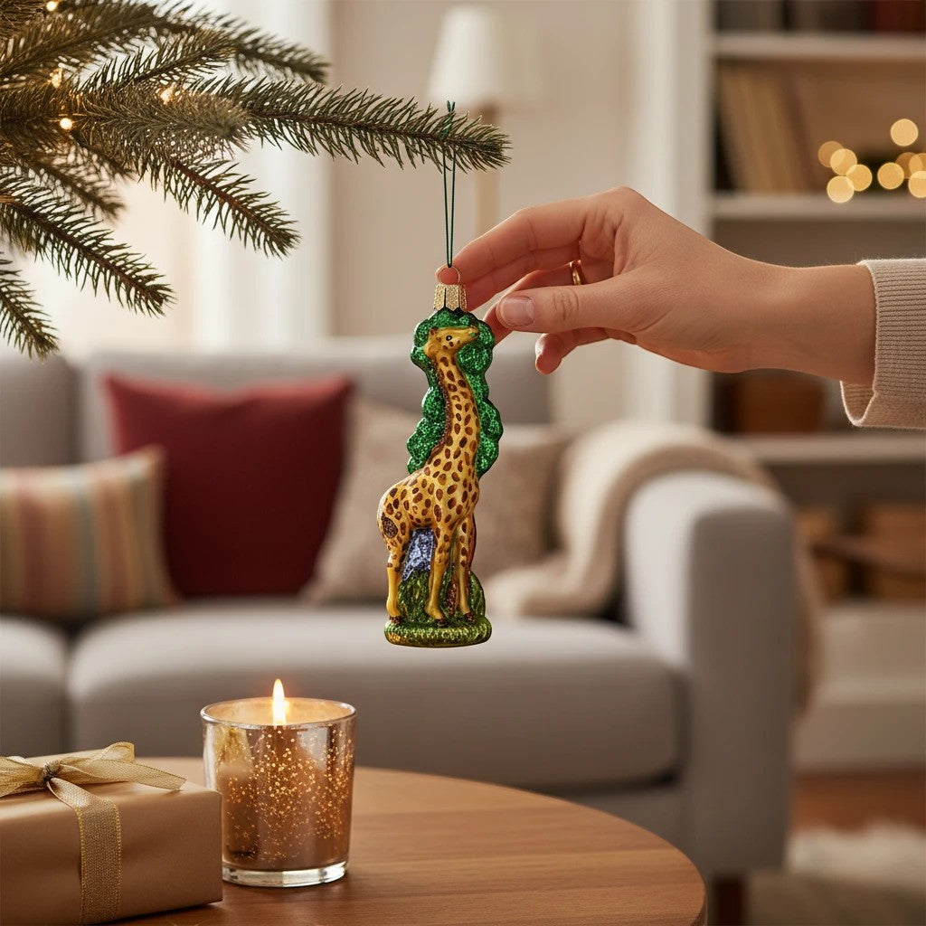 Mellow Monkey Old World Christmas blown glass giraffe ornament, 5.5-in, detailed with brown spots and green foliage.